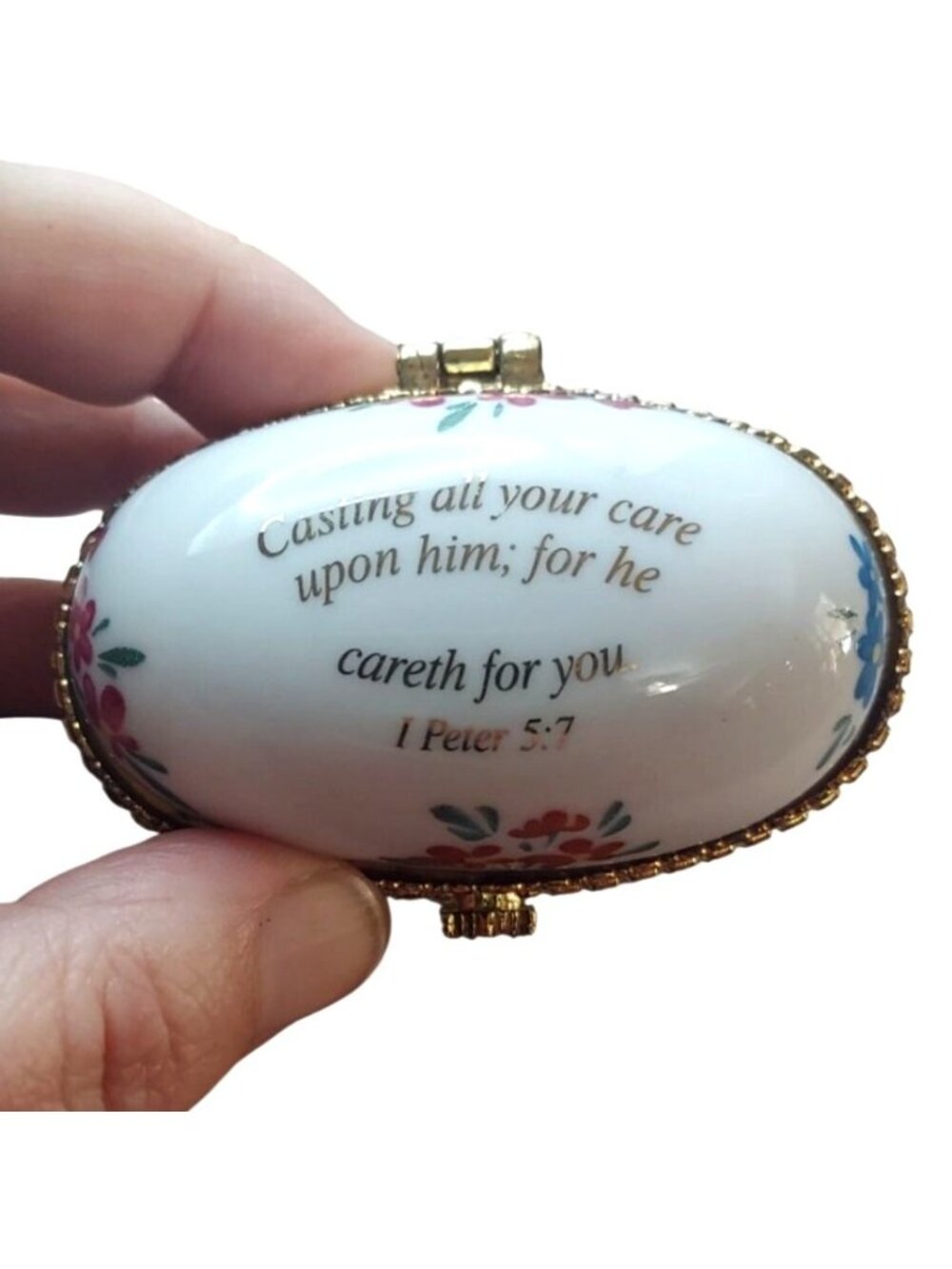 Imperial Porcelain Floral Hinged Oval Trinket Box w/ 1 Peter 5:7 Bible Verse - Picture 2 of 7